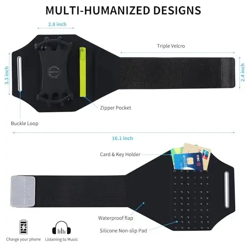 Olinadigan va 360° aylanadigan bilaguzuk - fermuarli cho'ntakli aks ettiruvchi tasma - iPhone 16 15 14 Pro Max Plus Samsung Galaxy Note bilan yugurish, mashq qilish, yurish va sport bilan mos keladi - 3