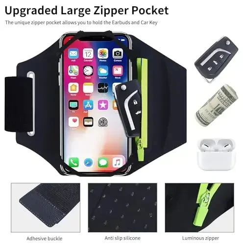 Olinadigan va 360° aylanadigan qo'l bog'i - fermuar cho'ntakli aks ettiruvchi tasma - iPhone 16 15 14 Pro Max Plus Samsung Galaxy Note bilan yugurish, mashq qilish, yurish va sport bilan mos keladi - NEWPPON (1)