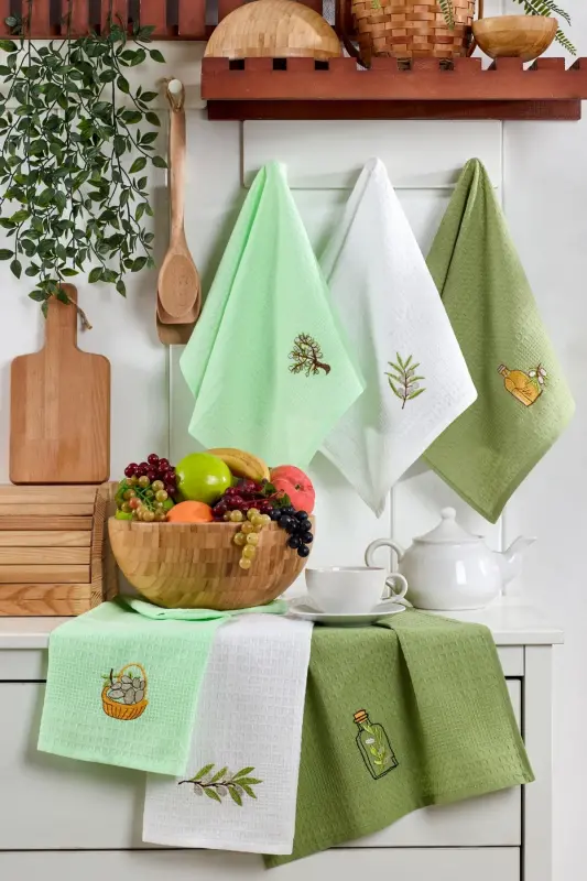 Olive 6'lı Mutfak Kurulama Bezi 40x60cm | Mutfak Havlusu | Pamuklu | - Yeşil - 3