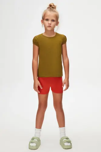 Olive Green Basic Girls' Crew Neck Watermelon Sleeve T-shirt-NUTRIA 