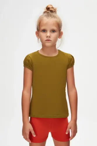 Olive Green Basic Girls' Crew Neck Watermelon Sleeve T-shirt-NUTRIA - 2