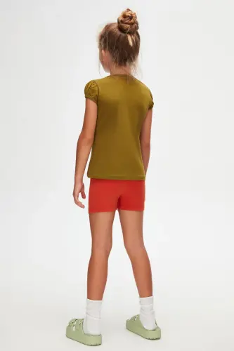 Olive Green Basic Girls' Crew Neck Watermelon Sleeve T-shirt-NUTRIA - 4