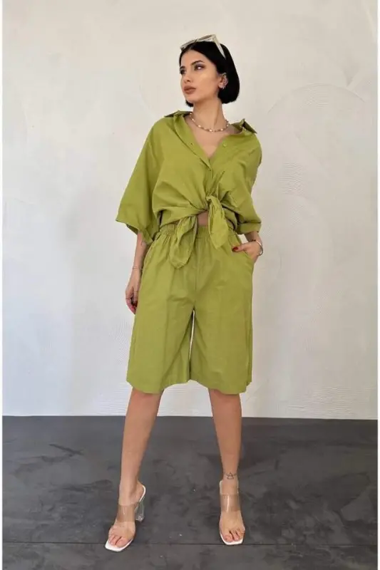 Olive Green Short Sleeve Linen Shirt And Shorts Set - BÜYÜKBEDENIZ