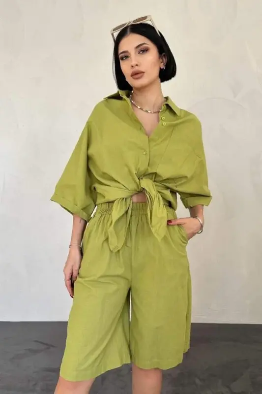 Olive Green Short Sleeve Linen Shirt And Shorts Set - 2