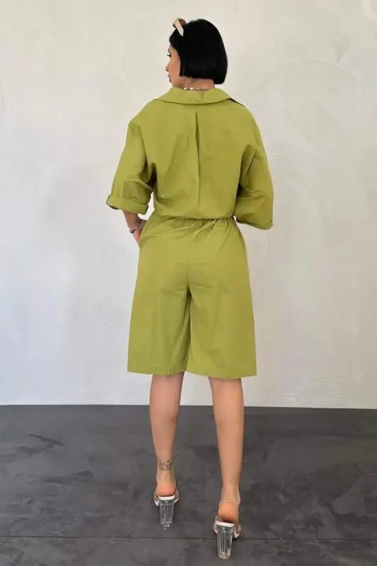 Olive Green Short Sleeve Linen Shirt And Shorts Set - 3