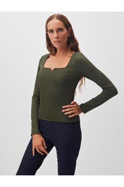 Olive Green Square Neck Long Sleeve Basic Blouse - 14