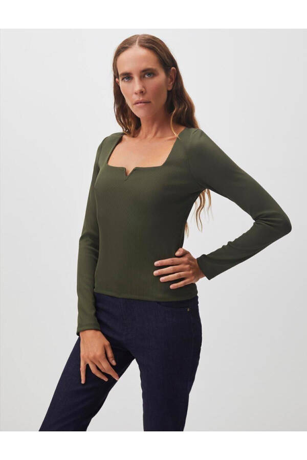 Olive Green Square Neck Long Sleeve Basic Blouse - 14