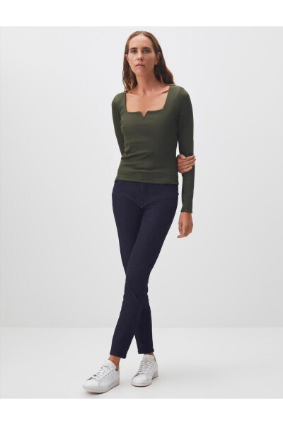 Olive Green Square Neck Long Sleeve Basic Blouse - 3