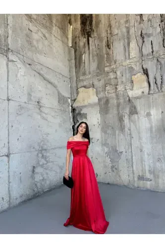 Oliver Madonna Collar Evening Dress BLACK-RED - 1