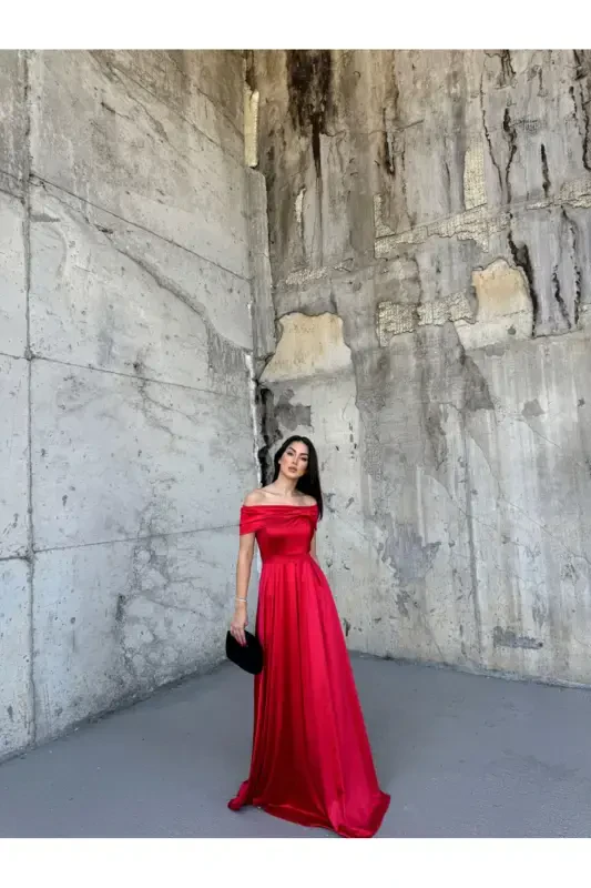 Oliver Madonna Collar Evening Dress BLACK-RED - SINDIMODA