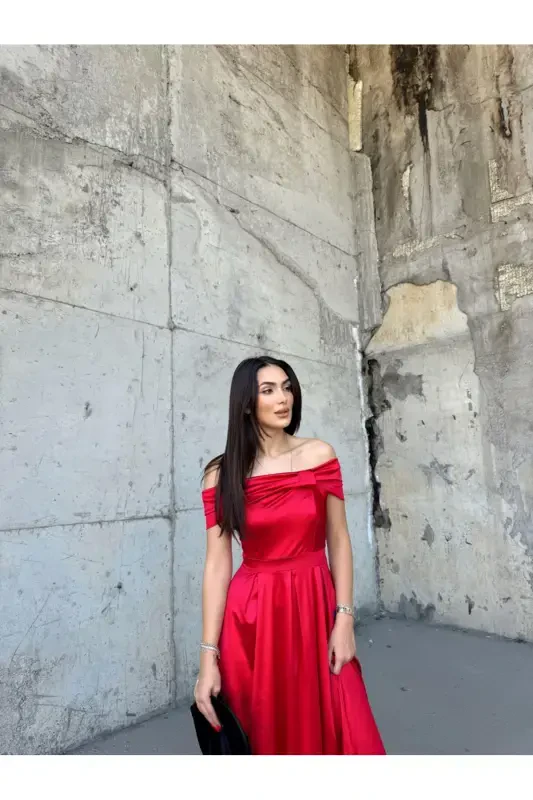 Oliver Madonna Collar Evening Dress BLACK-RED - 3