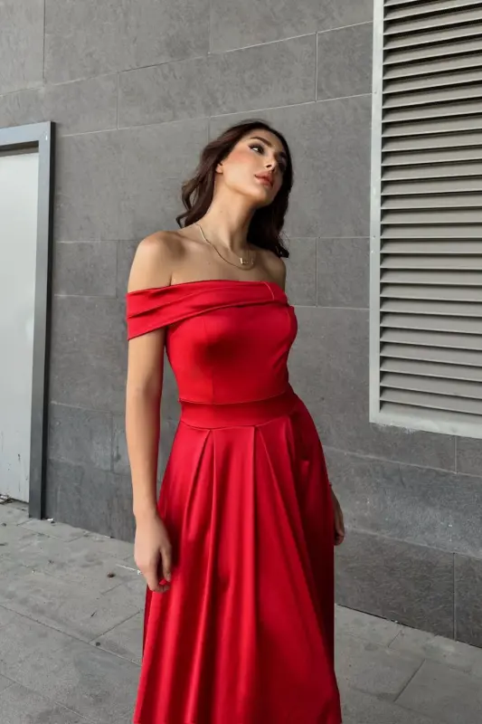 Oliver Madonna Collar Evening Dress BLACK-RED - 5
