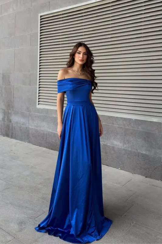 oliver madonna collar evening dress-sapphire - BELLA ISTANBUL