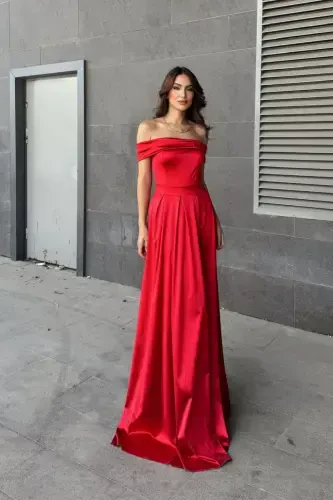 Oliverr Madonna Collar Evening Dress-Red - 1