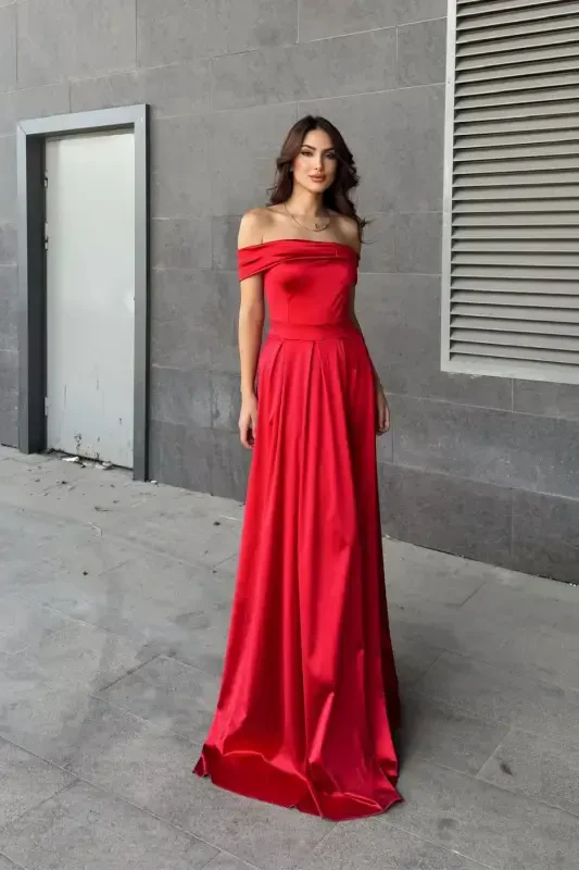 Oliverr Madonna Collar Evening Dress-Red - 1