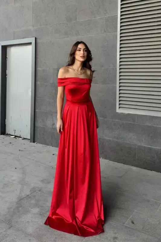 Oliverr Madonna Collar Evening Dress-Red - 2