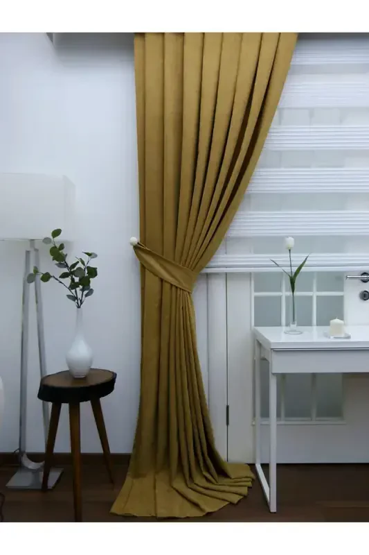 Оливково-зеленый однотонный фон, прямая строчка без складок, кулиска, одно полотно - оливково-зеленый - 7