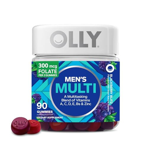 OLLY Erkekler İçin Çoklu Vitamin Sakız, A, C, D, E, B Vitaminleri, Çinko, Böğürtlen Aromalı, 45 Günlük Doz - 90 Adet - 1