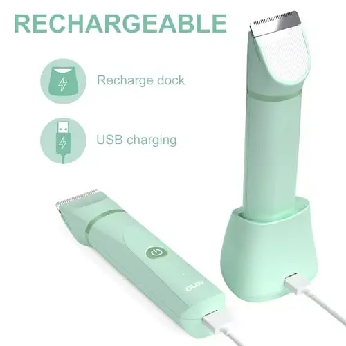 OLOV Electric Body Hair Trimmer - Groin Trimmer for Men - Bikini Trimmer Women - Wet/Dry Shaver Groomer, Replaceable Ceramic Blade Heads, USB Recharge Dock, Waterproof Hygiene Razor, Green - 5