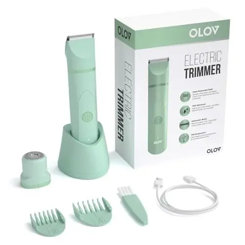 OLOV Electric Body Hair Trimmer - Groin Trimmer for Men - Bikini Trimmer Women - Wet/Dry Shaver Groomer, Replaceable Ceramic Blade Heads, USB Recharge Dock, Waterproof Hygiene Razor, Green - 2