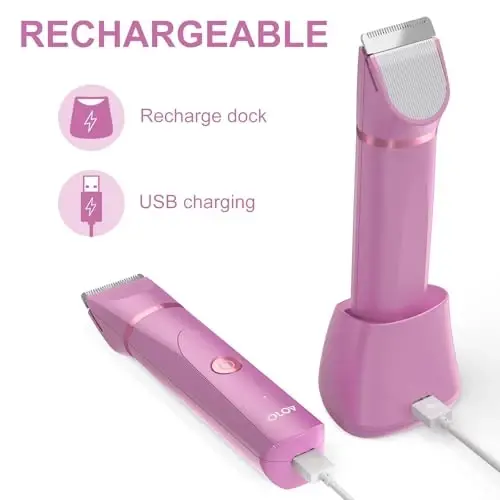 OLOV Electric Body Hair Trimmer - Groin Trimmer for Men - Bikini Trimmer Women - Wet/Dry Shaver Groomer, Replaceable Ceramic Blade Heads, USB Recharge Dock, Waterproof Hygiene Razor, Pink - 5