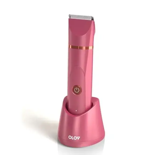 OLOV Electric Body Hair Trimmer - Groin Trimmer for Men - Bikini Trimmer Women - Wet/Dry Shaver Groomer, Replaceable Ceramic Blade Heads, USB Recharge Dock, Waterproof Hygiene Razor, Red - 1