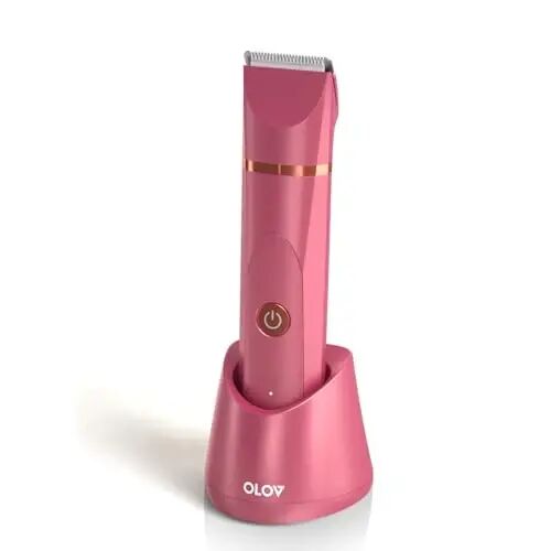 OLOV Electric Body Hair Trimmer - Groin Trimmer for Men - Bikini Trimmer Women - Wet/Dry Shaver Groomer, Replaceable Ceramic Blade Heads, USB Recharge Dock, Waterproof Hygiene Razor, Red - 1