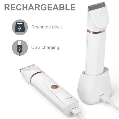 OLOV Electric Body Hair Trimmer - Groin Trimmer for Men - Bikini Trimmer Women - Wet/Dry Shaver Groomer, Replaceable Ceramic Blade Heads, USB Recharge Dock, Waterproof Hygiene Razor, White - 5