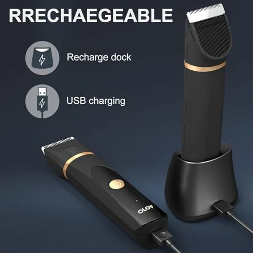 OLOV Electric Body Hair Trimmer - Groin Trimmer for Men - Bikini Trimmer Women - Wet/Dry Shaver Groomer, Replaceable Ceramic Blade Heads, USB Recharge Dock, Waterproof Hygiene Razor, Black - 6