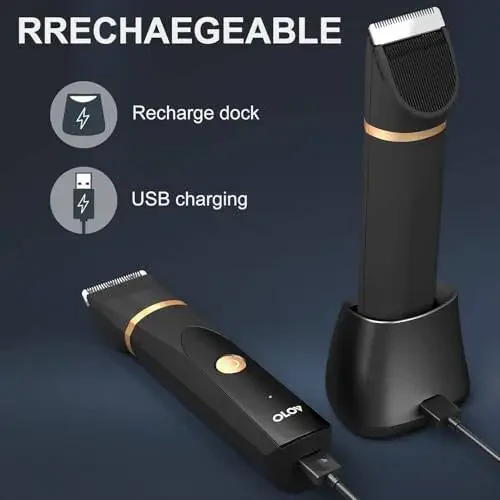 OLOV Electric Body Hair Trimmer - Groin Trimmer for Men - Bikini Trimmer Women - Wet/Dry Shaver Groomer, Replaceable Ceramic Blade Heads, USB Recharge Dock, Waterproof Hygiene Razor, Black - 6