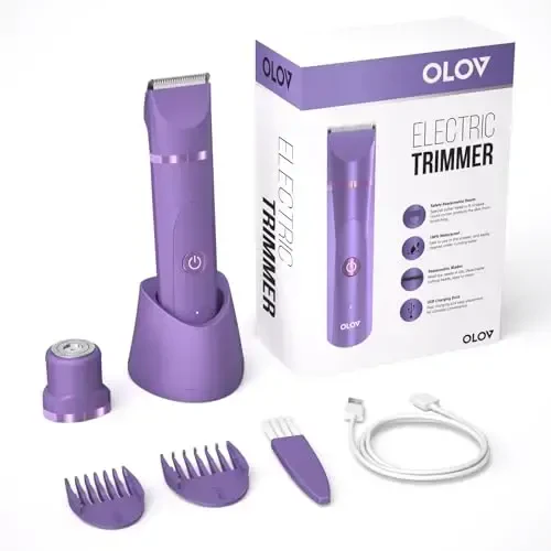 OLOV Electric Body Hair Trimmer - Groin Trimmer for Men - Bikini Trimmer Women - Wet/Dry Shaver Groomer, Replaceable Ceramic Blade Heads, USB Recharge Dock, Waterproof Hygiene Razor, Bright Purple - 2