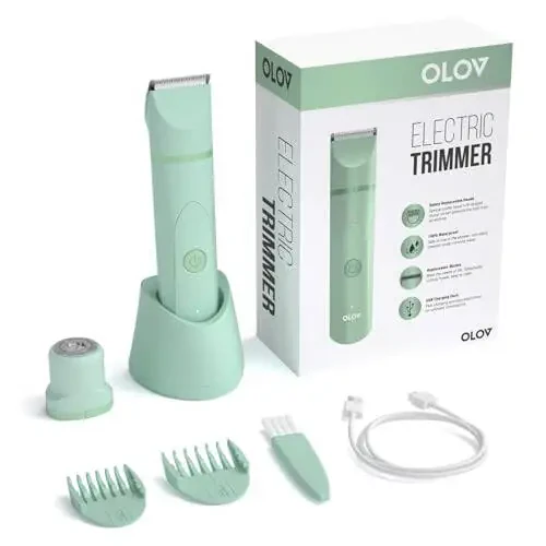 OLOV Electric Body Hair Trimmer - Groin Trimmer for Men - Bikini Trimmer Women - Wet/Dry Shaver Groomer, Replaceable Ceramic Blade Heads, USB Recharge Dock, Waterproof Hygiene Razor, Green - 2
