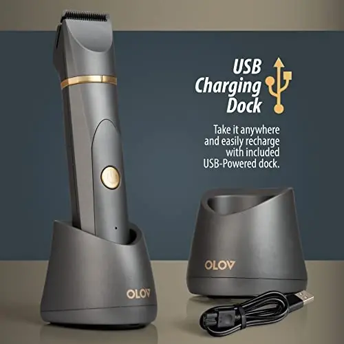 OLOV Electric Body Hair Trimmer - Groin Trimmer for Men - Bikini Trimmer Women - Wet/Dry Shaver Groomer, Replaceable Ceramic Blade Heads, USB Recharge Dock, Waterproof Hygiene Razor, Grey - 4