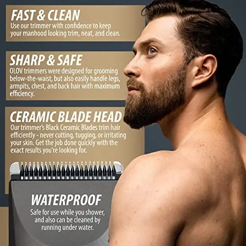 OLOV Electric Body Hair Trimmer - Groin Trimmer for Men - Bikini Trimmer Women - Wet/Dry Shaver Groomer, Replaceable Ceramic Blade Heads, USB Recharge Dock, Waterproof Hygiene Razor, Grey - 5