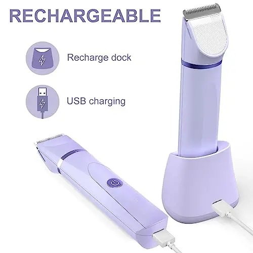 OLOV Electric Body Hair Trimmer - Groin Trimmer for Men - Bikini Trimmer Women - Wet/Dry Shaver Groomer, Replaceable Ceramic Blade Heads, USB Recharge Dock, Waterproof Hygiene Razor, Purple - 5