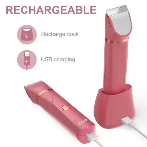 OLOV Electric Body Hair Trimmer - Groin Trimmer for Men - Bikini Trimmer Women - Wet/Dry Shaver Groomer, Replaceable Ceramic Blade Heads, USB Recharge Dock, Waterproof Hygiene Razor, Red - 5