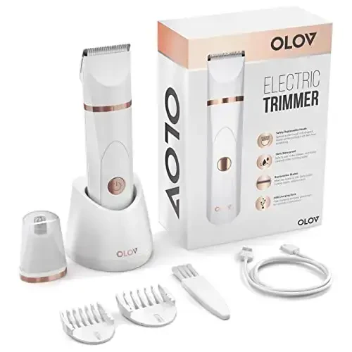 OLOV Electric Body Hair Trimmer - Groin Trimmer for Men - Bikini Trimmer Women - Wet/Dry Shaver Groomer, Replaceable Ceramic Blade Heads, USB Recharge Dock, Waterproof Hygiene Razor, White - 2
