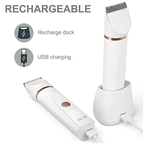 OLOV Electric Body Hair Trimmer - Groin Trimmer for Men - Bikini Trimmer Women - Wet/Dry Shaver Groomer, Replaceable Ceramic Blade Heads, USB Recharge Dock, Waterproof Hygiene Razor, White - 5