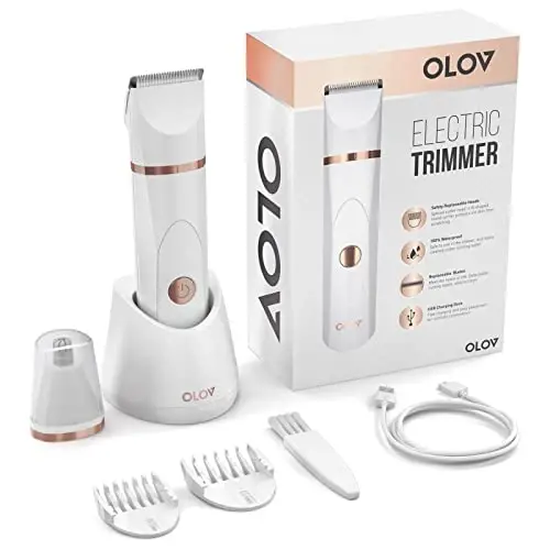 OLOV Electric Body Hair Trimmer - Groin Trimmer for Men - Bikini Trimmer Women - Wet/Dry Shaver Groomer, Replaceable Ceramic Blade Heads, USB Recharge Dock, Waterproof Hygiene Razor, White - 2