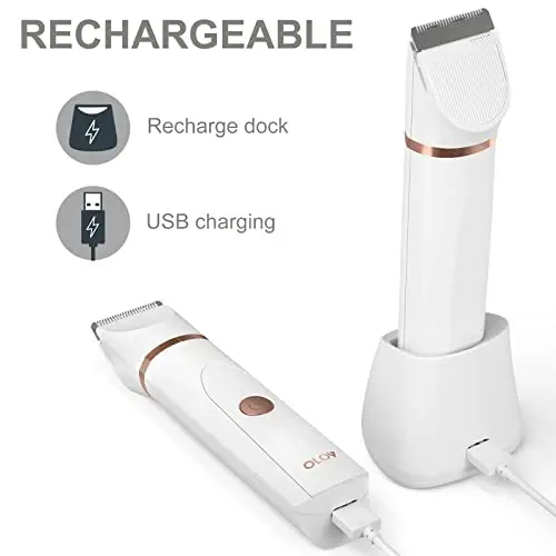 OLOV Electric Body Hair Trimmer - Groin Trimmer for Men - Bikini Trimmer Women - Wet/Dry Shaver Groomer, Replaceable Ceramic Blade Heads, USB Recharge Dock, Waterproof Hygiene Razor, White - 5