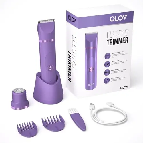 OLOV Electric Body Hair Trimmer - Groin Trimmer for Men - Bikini Trimmer Women - Wet/Dry Shaver Groomer, Replaceable Ceramic Blade Heads, USB Recharge Dock, Waterproof Hygiene Razor, Bright Purple - 2
