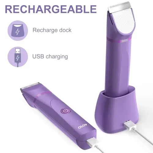 OLOV Electric Body Hair Trimmer - Groin Trimmer for Men - Bikini Trimmer Women - Wet/Dry Shaver Groomer, Replaceable Ceramic Blade Heads, USB Recharge Dock, Waterproof Hygiene Razor, Bright Purple - 5