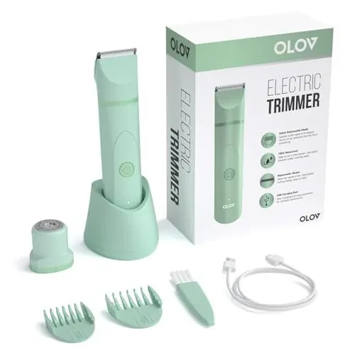OLOv Electric Body Hair Trimmer - Groin Trimmer for Men - Bikini Trimmer Women - Wet/Dry Shaver Groomer, Replaceable Ceramic Blade Heads, USB Recharge Dock, Waterproof Hygiene Razor, Green - OLOV (1)