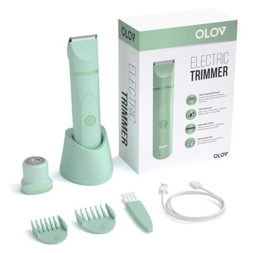 OLOV Electric Body Hair Trimmer - Groin Trimmer for Men - Bikini Trimmer Women - Wet/Dry Shaver Groomer, Replaceable Ceramic Blade Heads, USB Recharge Dock, Waterproof Hygiene Razor, Green - OLOV (1)