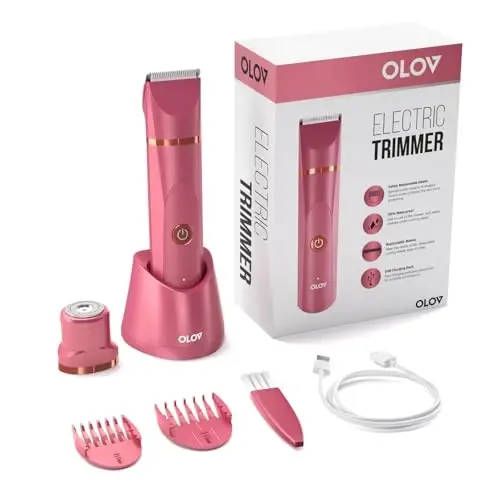 OLOV Electric Body Hair Trimmer - Groin Trimmer for Men - Bikini Trimmer Women - Wet/Dry Shaver Groomer, Replaceable Ceramic Blade Heads, USB Recharge Dock, Waterproof Hygiene Razor, Red - 2