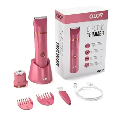 OLOV Electric Body Hair Trimmer - Groin Trimmer for Men - Bikini Trimmer Women - Wet/Dry Shaver Groomer, Replaceable Ceramic Blade Heads, USB Recharge Dock, Waterproof Hygiene Razor, Red - 2