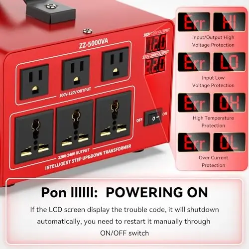OLTEANP 5000 Watt Voltage Converter Transformer Heavy Duty Step Up/Down Power Converter 220V to 110V, 110V to 220V with 3 US Outlets, 3 Universal Outlets, LCD Display, Circuit Breaker Protection - 3