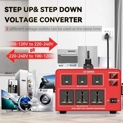 OLTEANP 5000 Watt Voltaj Dönüştürücü Transformatör Ağır Hizmet Tipi Yükseltici/Alçaltıcı Güç Dönüştürücü 220V - 110V, 110V - 220V 3 ABD Çıkışı, 3 Evrensel Çıkış, LCD Ekran, Devre Kesici Koruması - 5