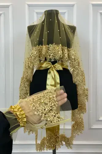 Oltin Vip Kelin Ro'moli To'plami, ромашка Гипурли Boncukli Pulli Incili Хиналик Ro'moli To'plami 6 Bo'lak-Oltin - 3