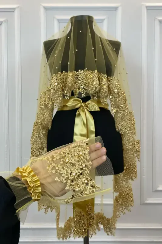 Oltin Vip Kelin Ro'moli To'plami, ромашка Гипурли Boncukli Pulli Incili Хиналик Ro'moli To'plami 6 Bo'lak-Oltin - 3